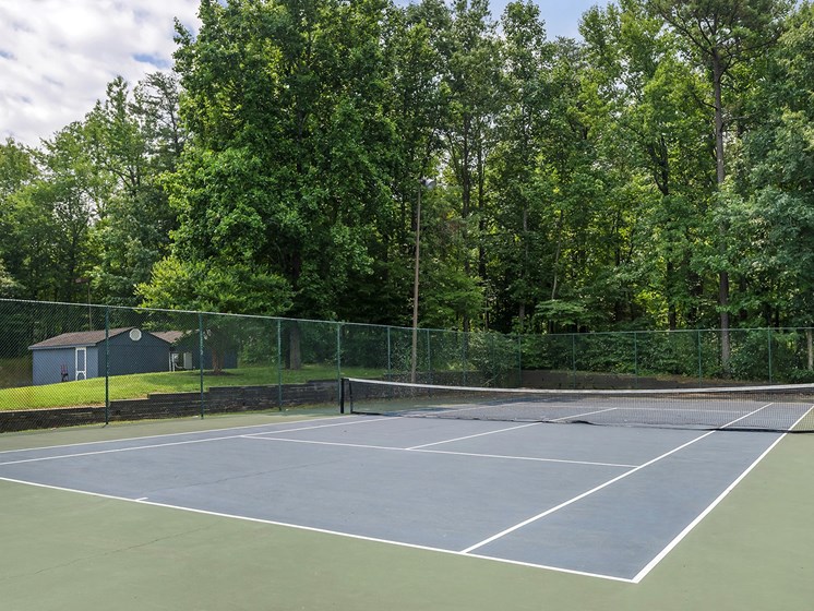 a tennis court with a house and trees in the background